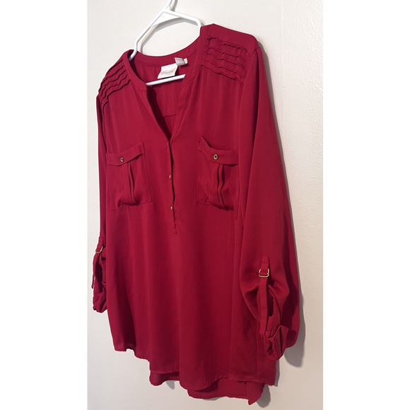 Chico’s Flowy Blouse Women’s XL 3 Red Gold Buckle Button 3/4 Sleeve Shirt - Picture 5 of 6